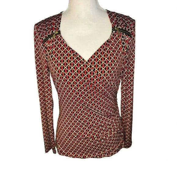 MICHAEL Michael‎ Kors Petite Medium Red Multi Chain Print Faux Wrap Stretchy Top - Picture 1 of 6